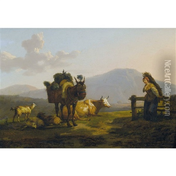 Idyllische Landschaft Mit Reisigsammlerin Und Vieh Oil Painting - Francois Duval