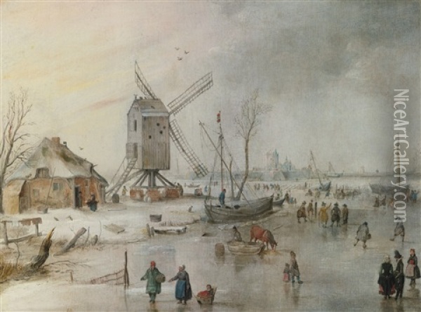 A Winter Scene With A Windmill And Figures On A Frozen River Oil Painting - Hendrick Avercamp