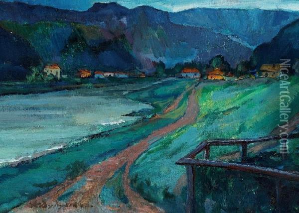 Vikentievich Dydyschko: Houses And Mountains In The Twilight Oil Painting - Konstantin V. Dydyshko