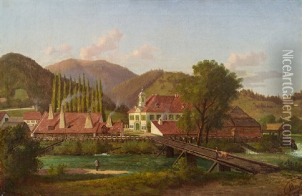 Herrenhaus Und Hammerwerk In Der Obersteiermark (?) Oil Painting - Josef von Schloegl