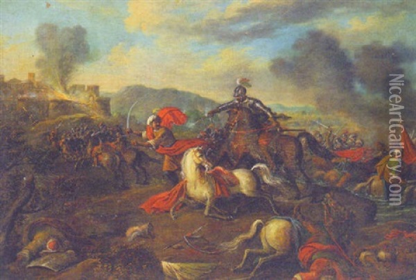 A Cavalry Battle Between Turks And Christians On A Beach, A Castle Under Siege Beyond Oil Painting - Jacques Courtois