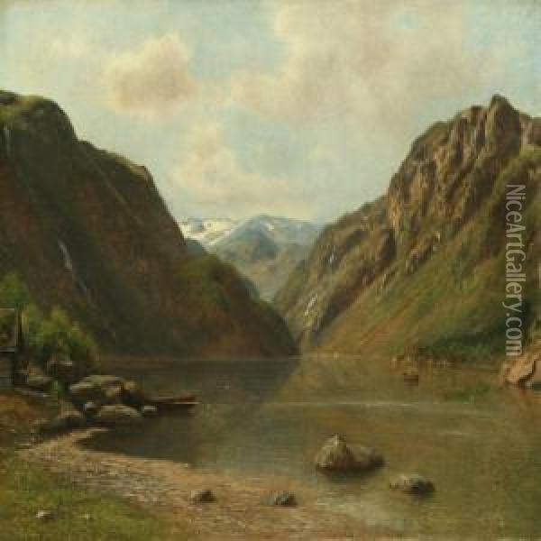 Scenery From Sandvenvandet In Hardanger, Norway Oil Painting - Georg Emil Libert