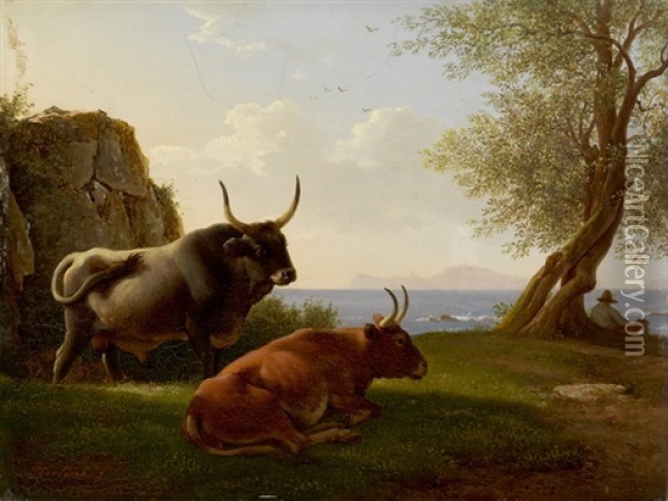 Pastorale Szene Mit Wasserbuffeln Vor Einer Mediterranen Kuste Oil Painting - Abraham Terlink