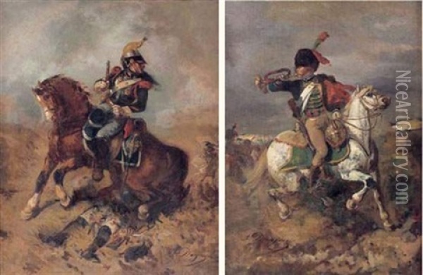 Cavaliers Dans La Bataille (+ Similar; 2 Works) Oil Painting - Alfred Henri Darjou