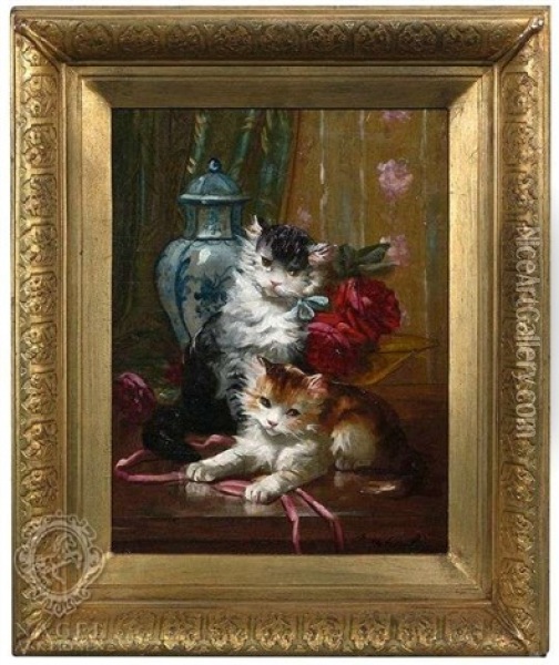 Zwei Katzchen Mit Blumen Und Einer Chinesischen Vase Oil Painting - Max Carlier