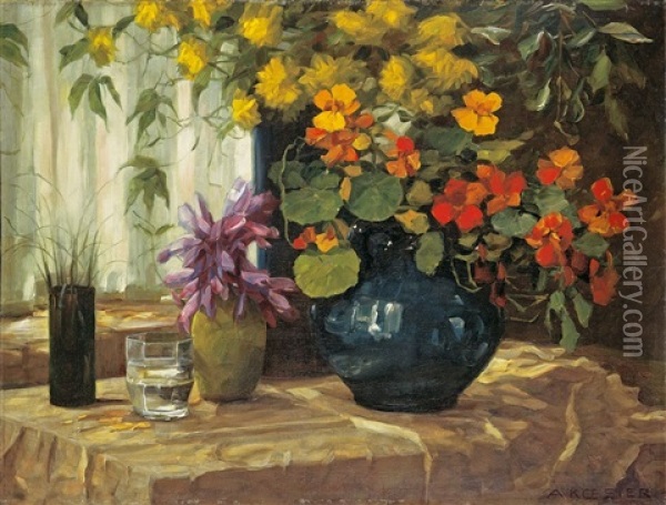 Kapuziner Mit Blauer Vase Und Herbstzeitlosen Oil Painting - Alexander Max Koester
