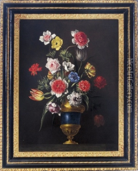 Still Life With Tulips And Anemones In A Blue And Gilt Vase Oil Painting - Jean-Michel Picard