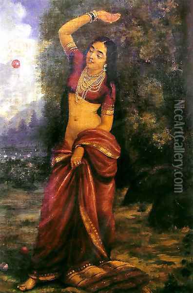 Lady at Ball Game Oil Painting - Raja Ravi Varma