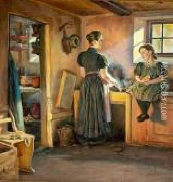 A Mother And Her Daughter In The Kitchen. Signed Viggo Pedersen 1895-96 Oil Painting - Viggo Christian Frederick Pedersen