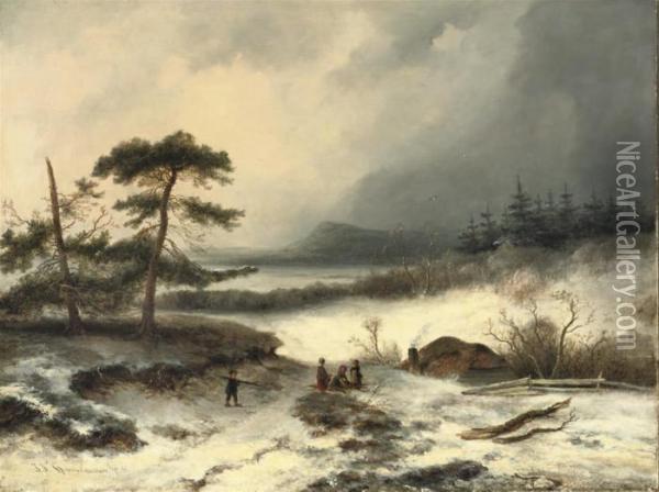 Woodgatherers By A Cottage In Winter Oil Painting - Johannes Franciscus Hoppenbrouwers