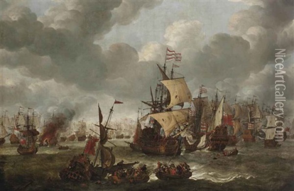 A Naval Engagement With Dutch And British Vessels Oil Painting - Jan Abrahamsz. Beerstraten