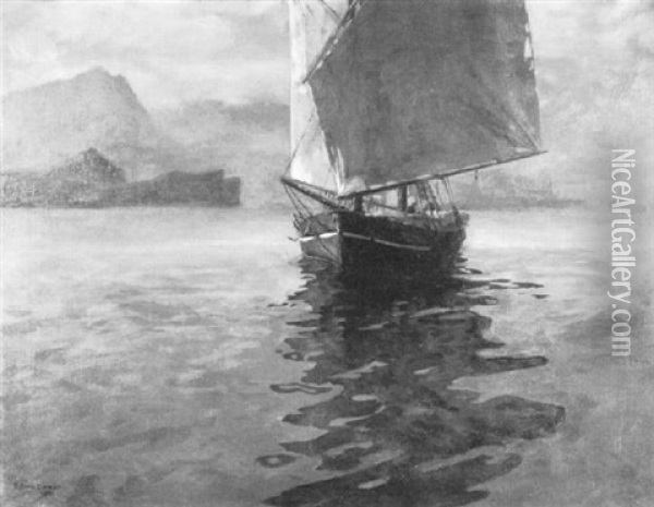 Im Abenddunst Einlaufendes Fischerboot (gardasee?) Oil Painting - Michael Zeno Diemer