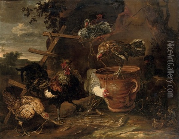 Chickens And A Cockerel In A Farmyard Oil Painting - Jan Fyt