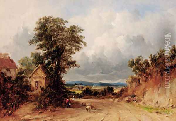Figures and sheep on a track, Malvern, Worcestershire Oil Painting - Alfred Vickers