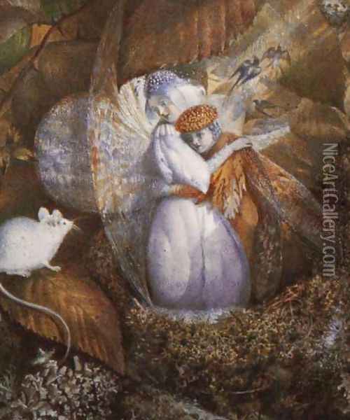Fairy Lovers in a Bird's Nest watching a White Mouse Oil Painting - John Anster Fitzgerald