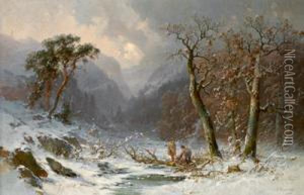 Winterlandschaft Mit Holzsammler Oil Painting - Anton Victor Alex. Steinbach