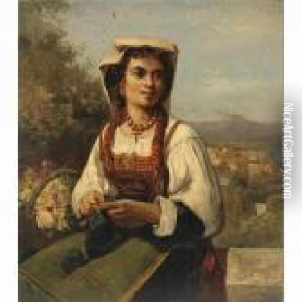An Italian Woman Knitting With A Smoking Volcano In The Distance Oil Painting - William Keith