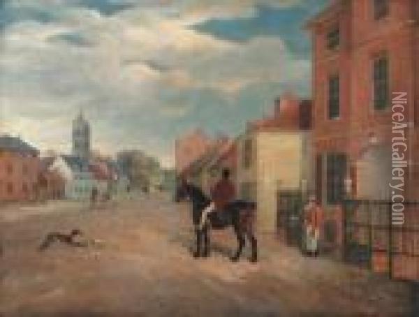 The High Street, Melton Mowbray, With A Huntsman In Theforeground Oil Painting - John Snr Ferneley