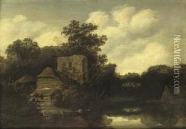 A Wooded River Landscape With A Ruined Tower And Cottages Oil Painting - Roelof van Vries