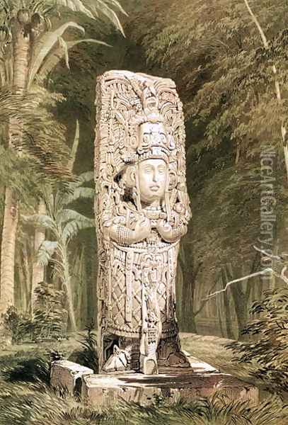 Carved stone idol from Copan Oil Painting - Frederick Catherwood
