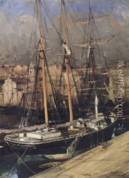 Voiliers Dans Le Port De Marseille Oil Painting - Jean Baptiste Olive