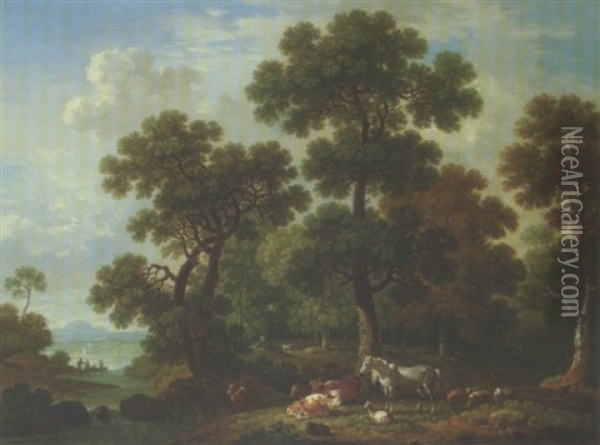 A Wooded Landscape With Cattle, Sheep And Horses Resting On The Banks Of A River, A Lake Beyond Oil Painting - Simon Mathurin Lantara