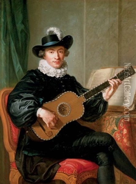 Portrait Of Monsieur Aublet In A Black Fancy Costume And Playing A Five-course Guitar, A Sheet Of Music On A Table Beside Him Oil Painting - Guillaume Voiriot