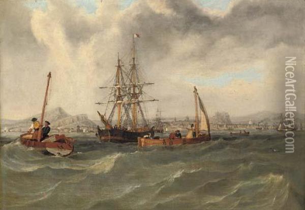View Of Edinburgh Looking South From The Firth Of Forth, With Shipping In The Foreground Oil Painting - William Frederick Settle
