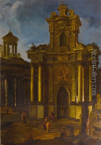A Capriccio With Figures Amongst Baroque Ruins Oil Painting - Vittorio Maria Bigari