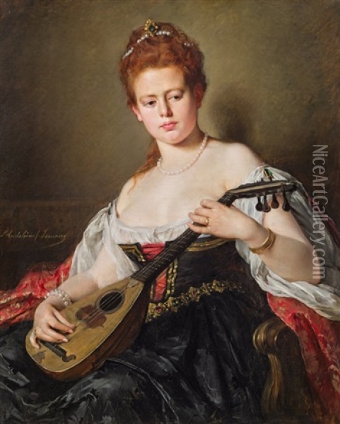 Lady With Mandoline Oil Painting - Madeleine Jeanne Lemaire