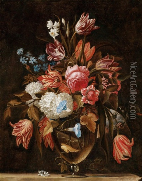 Zwei Blumenbouquets In Kristallvasen Oil Painting - Nicolas Baudesson
