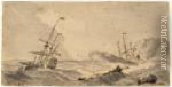 Shipping On A Rough Sea Oil Painting - Willem van de, the Elder Velde