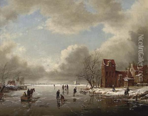 Skaters By A Farmstead On A Dutch Waterway Oil Painting - Charles Henri Leickert