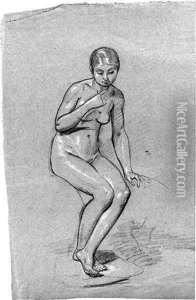 A seated female nude, looking down Oil Painting - Pauline Auzou