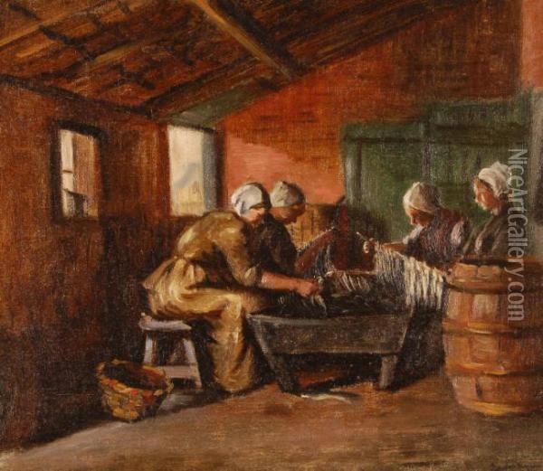 Women Working In A Fish Smokery Oil Painting - Charles Mezzara