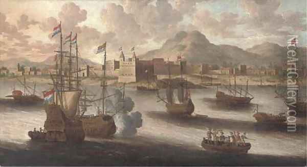 Dutch and English warships off a fortified Levantine port Oil Painting - Peter van den Velde