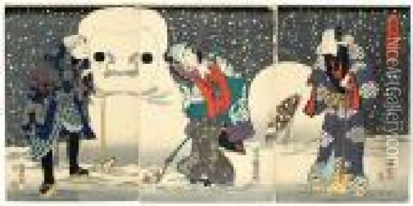 (..spielerei Im Vergnugungsviertel). Zwei Manner Und Eine Frau Machen Einen Schnee- Oil Painting - Toyohara Kunichika