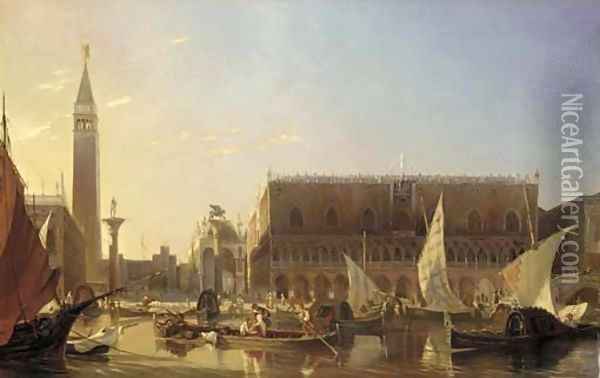 Gondolas on the Grand Canal in front of the Doge's Palace, Venice Oil Painting - Eugene Napoleon Flandin