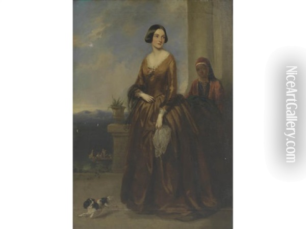 A Full Length Portrait Of Miss Frances Blagrave, Later Mrs Charles Digby In A Mediterranean Landscape With Her Maid Servant And Spaniel Oil Painting - Richard Buckner