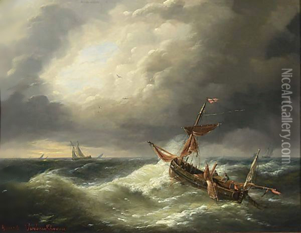 A Sailing Vessel In Choppy Waters Oil Painting - Louis Verboeckhoven