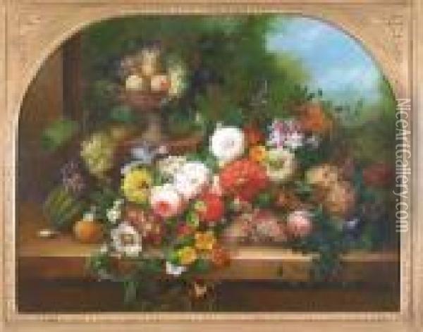 Still Life Of Flowers And Fruit On A Ledge Oil Painting - Thomas Webster