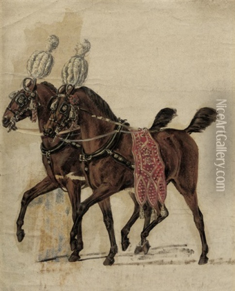 Zwei Kutschpferde In Herzoglichem Prunkgeschirr Oil Painting - Albrecht Adam