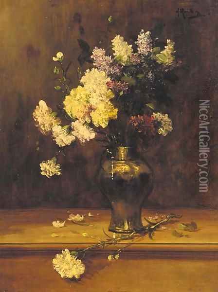 Geraniums and lilac in a copper vase Oil Painting - Alfred Rouby