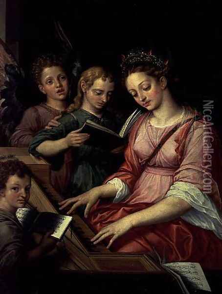 St. Cecilia Accompanied by Three Angels Oil Painting - Michiel van Coxie