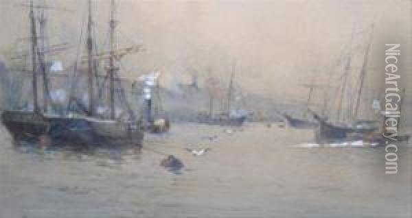 Sailing Vesselsanchored In Devonport Harbour Oil Painting - Frank Rousse