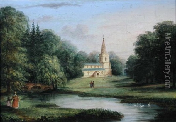 View Of Madingley Church, Cambridgeshire Oil Painting - Richard Bankes Harraden