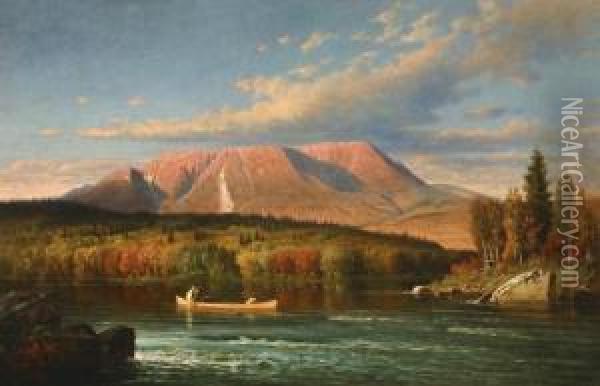 View Of Mt. Katahdin From The West Bank Of The Penobscotriver Oil Painting - Virgil Williams