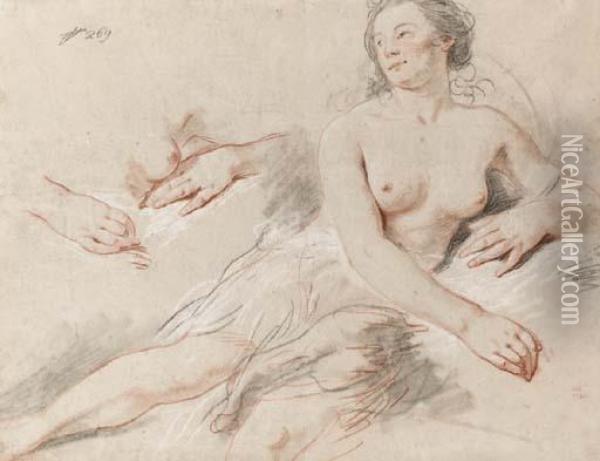 A Reclining Female Nude With Subsidiary Studies Of Her Hands Andbreast Oil Painting - Hugues Taraval