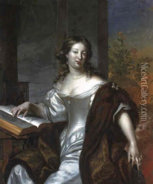 Portrait Of A Lady In A Fur-lined Cape Holding A Pearl Necklace At A Desk Oil Painting - Arnold Boonen