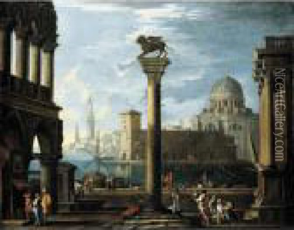 A Capriccio View Of The Molo From The Piazzetta Looking South Oil Painting - Giovanni Ghisolfi